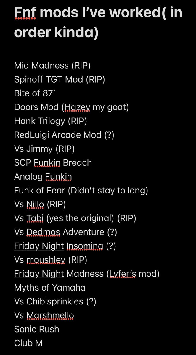 Midguyy's tweet image. Mods I’ve worked on over the years hopefully I get to work on untitled Walten files mod and funkin at Freddy’s that’s my goal dis year