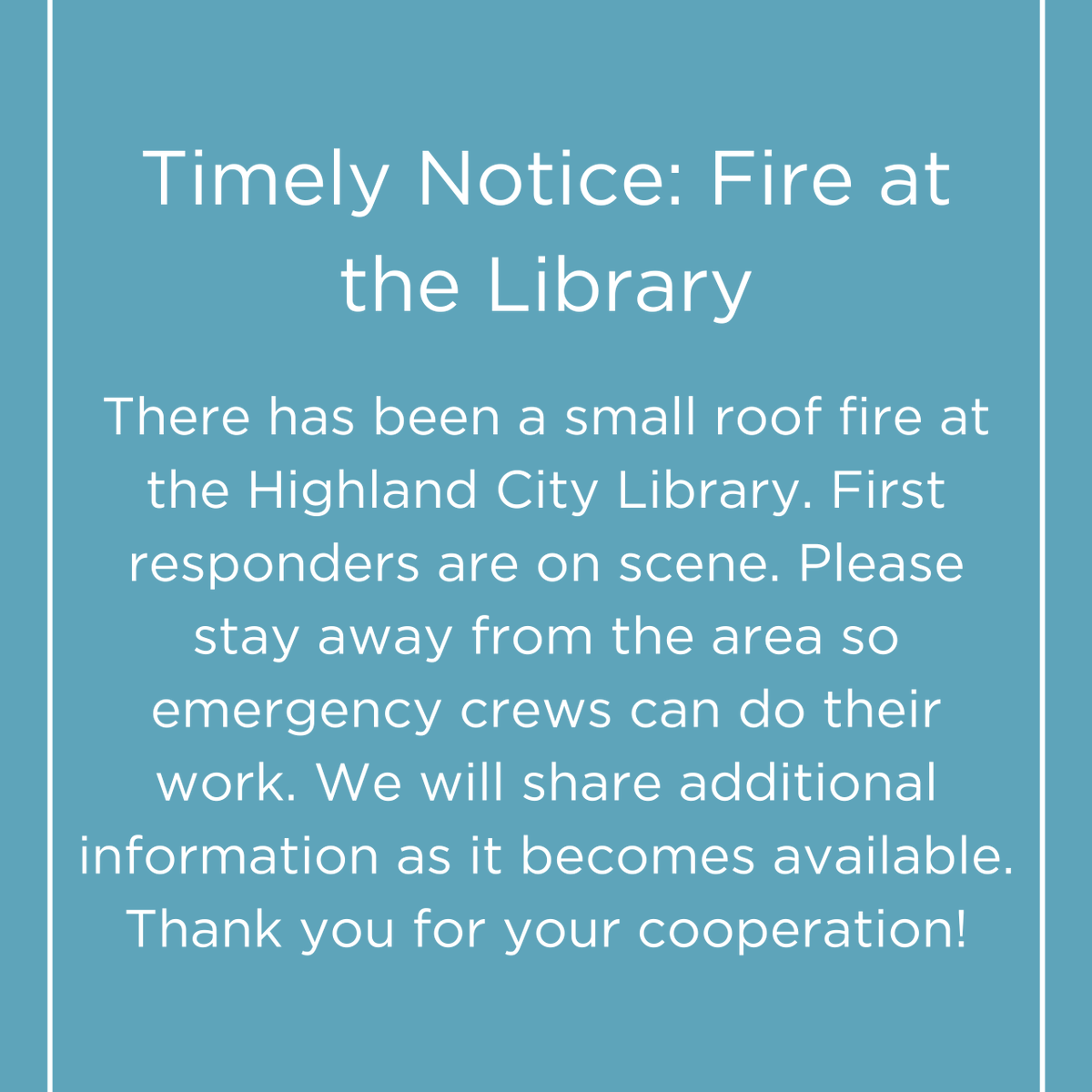 There has been a small roof fire at the Highland City Library. First responders are on scene. Please stay away from the area so emergency crews can do their work. We will share additional information as it becomes available. Thank you for your cooperation!