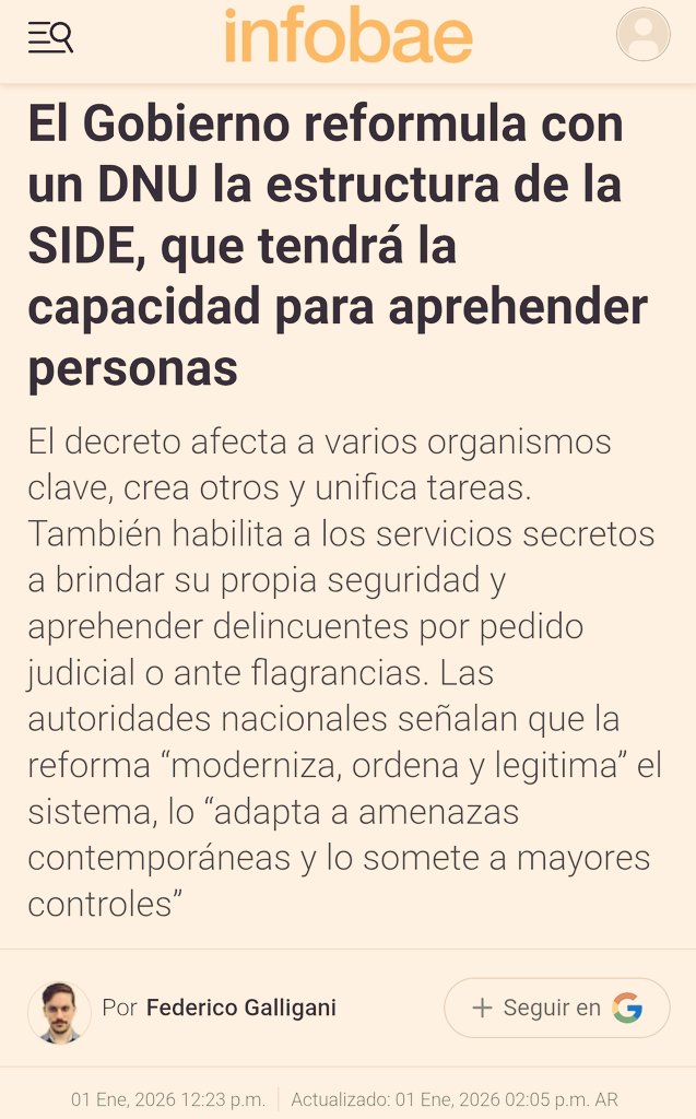 Milei arrancó el 2026 creando su policía secreta por decreto.
La SIDE ahora puede detener personas.
El Congreso, pintado al óleo.
Los libertarios saben que viene una crisis social, por eso gobiernan con miedo al Pueblo.
Cuando el miedo impera, la represión pasa a ser un plan.
