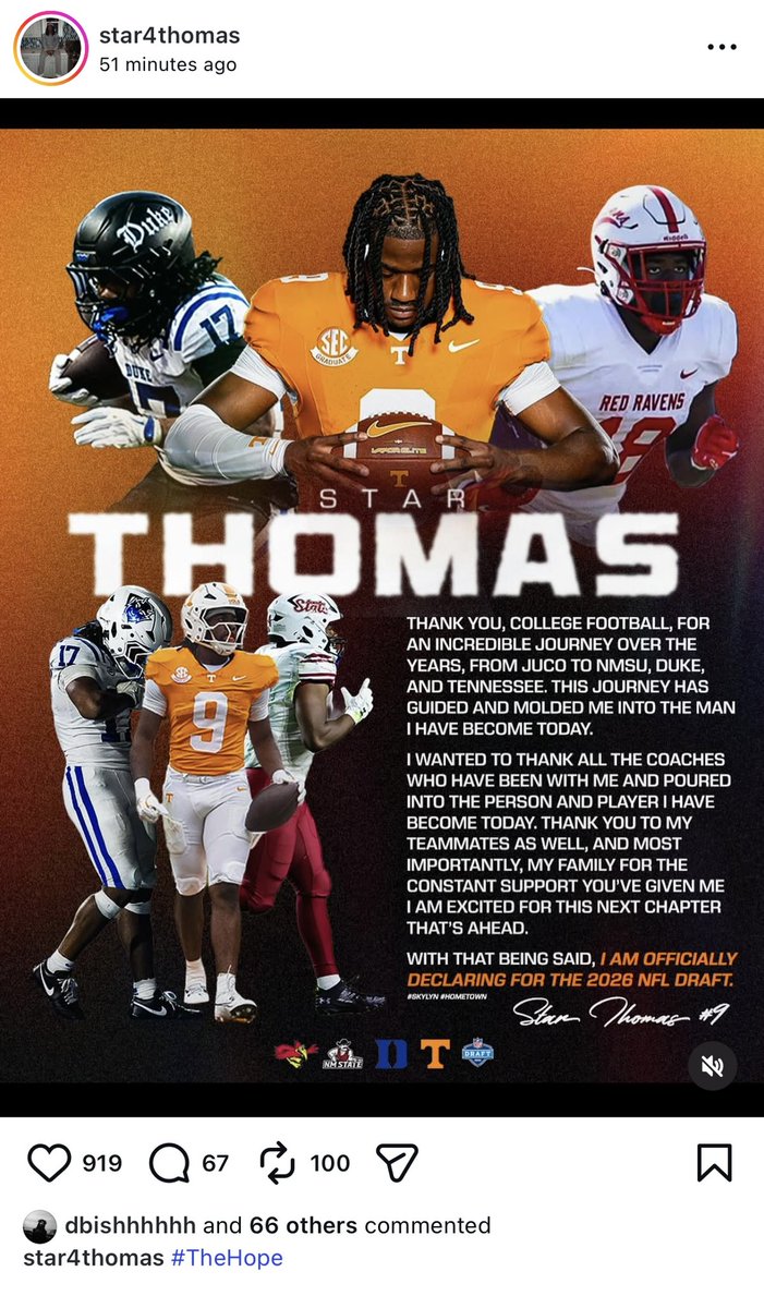 ryleerobinsontv's tweet image. Star Thomas posts a thank you to college football on his social media and says he is declaring for the NFL Draft. #Vols #VFL

📸 : Instagram @ star4thomas