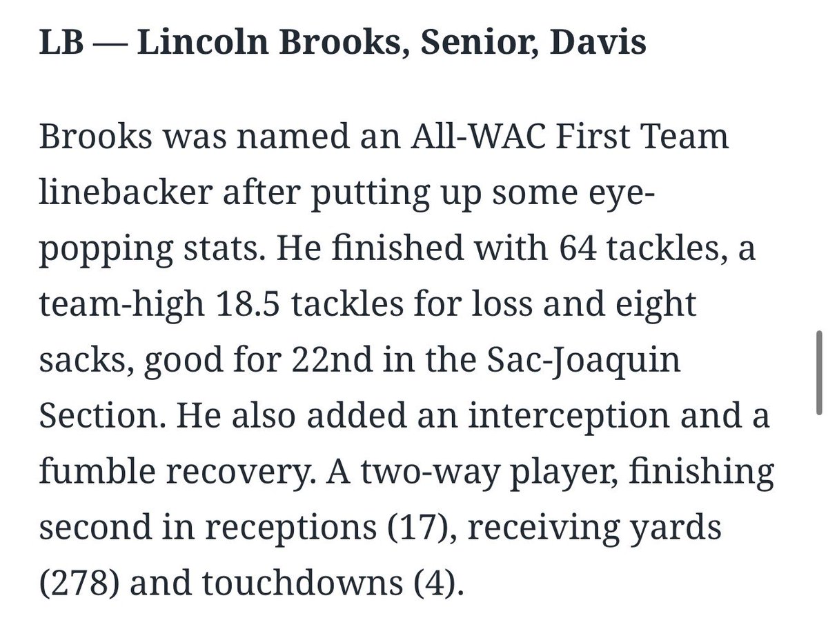 _lincolnbrooks's tweet image. Honored to have been selected for the Modesto Bee’s 2025 All-District Football Team - Defense, as a linebacker! Thank you @Quade1095 for the write up! @modbee 

modbee.com/sports/high-sc…

@Coach_Eck @CoachKoopRich @CoachTuioti92 @KSpaldingSDSU @KeatonJ_3 @DlineCoachEd @T_Finau92…