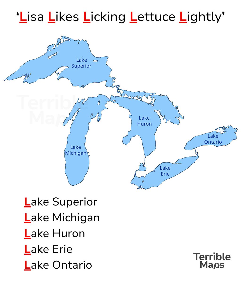 TerribleMaps's tweet image. A mnemonic device for remembering the Great Lakes