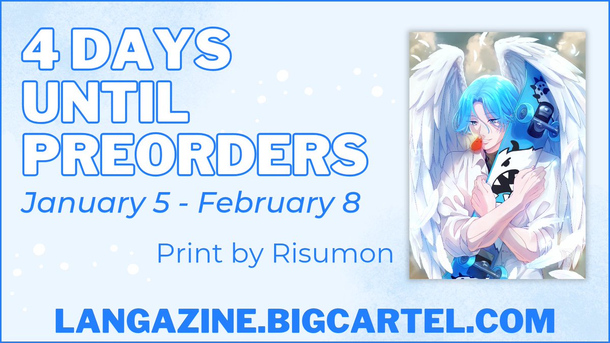 ❄️ 4 DAYS TIL POS ❄️

Langa looks his handsomest when he's feeling free! Luckily, skating with his friends gives him wings. 🥺 Look forward to merch like this gorgeous print by <a href="/risumonchis/">la Risu 🐹</a> on January 5! 🩵✨️
