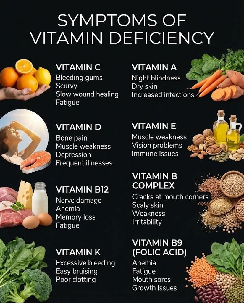 Your body whispers before it screams.

Bleeding gums? Fatigue? Muscle weakness?

It might not be stress — it could be a vitamin deficiency.

🟠 Low C → slow healing
🟡 Low D → weak bones &amp; mood dips
🔵 Low B12 → fatigue &amp; brain fog
🟢 Low K → easy bruising

Food first.