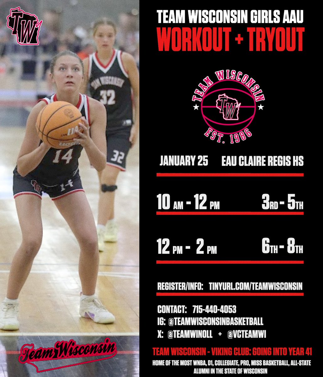 teamwinoll's tweet photo. Let's work!

In preparation for the upcoming 3rd-8th grade AAU season, we are hosting a workout + tryout!

Jan. 25 at Eau Claire Regis

2 hours to build fundamentals + compete hard!

Register: https://t.co/LlyPNe3sfb
Open Roster Spots: 715-440-4953

#YEAR41 #TOUGHESTteamwiNS https://t.co/prDKcc7deh