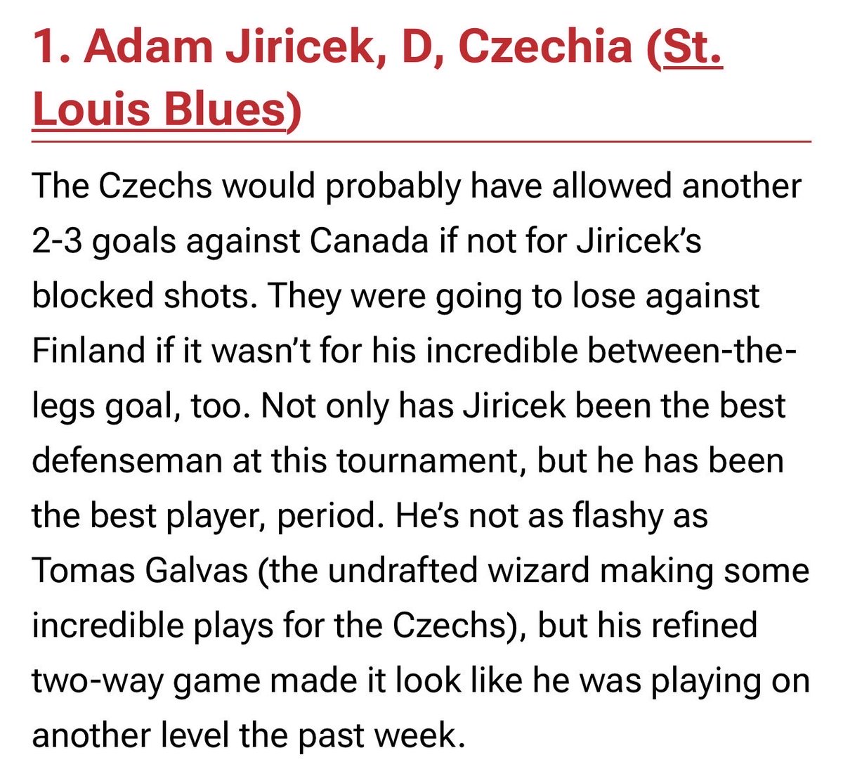 walsha's tweet photo. Adam Jiricek at the 2026 World Juniors - “Not only has Jiricek been the best defenseman at this tournament, but he has been the best player, period.”  @adamjiricek5 @ehshockey @OctagonHockey https://t.co/2lyPVouhna