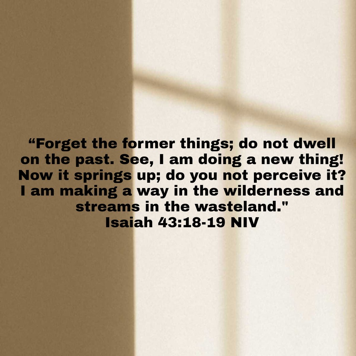 Forget the former things; do not dwell on the past. See, I am doing a new thing! Now it springs up; do you not perceive it? I am making a way in the wilderness and streams in the wasteland. Isaiah 43:18-19 NIV

bible.com/bible/111/isa.…