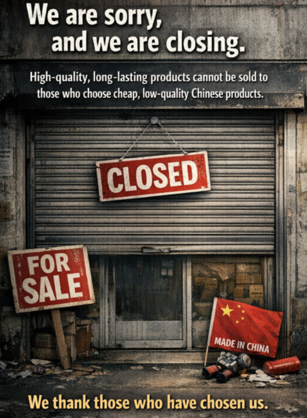 We are sorry, and we are closing.  
High-quality, long-lasting products cannot be sold to those who choose cheap, low-quality Chinese products.  
We thank those who have chosen us.
