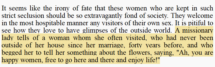 An Egyptian Muslim woman who lived under female seclusion since her marriage, 40 years ago, asks a female Christian missionary to describe flowers to her.