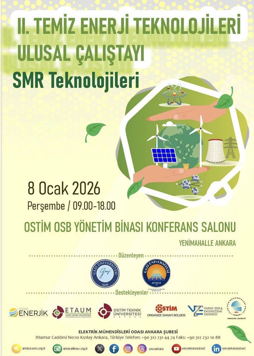 OTUETAUM's tweet photo. ⚡ 2. Temiz Enerji Teknolojileri Ulusal Çalıştayı

📅 8 Ocak 2026 | ⏰ 09.00
📍 OSTİM OSB Yönetim Binası

Paydaşlar:

Gazi Üniversitesi,
OSTİM Teknik Üniversitesi,
OSTİM ENERJİK,
OSTİM OSB,
OSTİM Teknik Üniversitesi Enerji Teknolojileri Araştırma ve Uygulama Merkezi (ETAUM),
EMO Ankara Şubesi

@ostimteknikuniv 

🔋 Temiz enerji, üniversite–sanayi iş birliği ve geleceğin teknolojileri bu çalıştayda ele alınacak.

#TemizEnerji #EnerjiTeknolojileri #OSTİM #ETAUM #EMOAnkara #SürdürülebilirGelecek