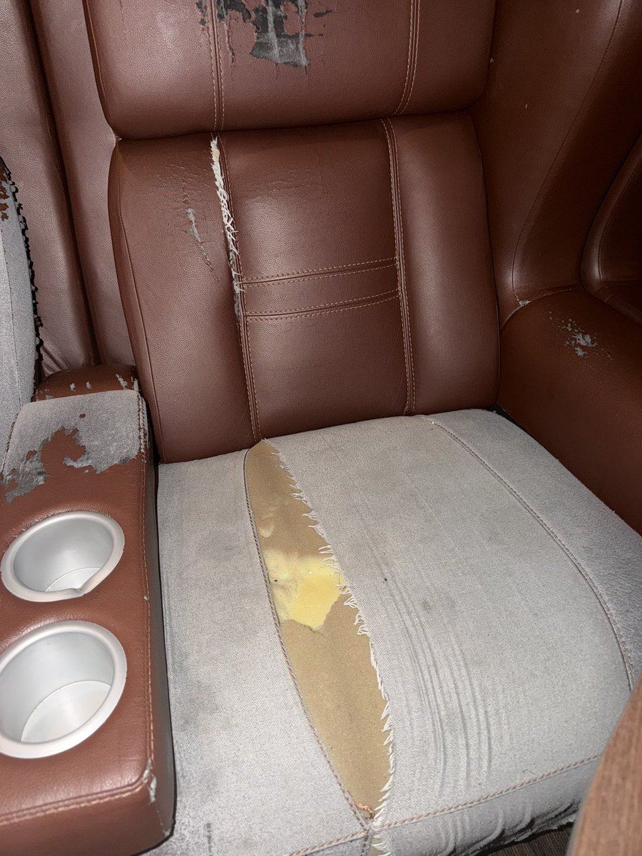 LetaHyche's tweet photo. @CineBistroWP this theater is beautiful  the menu looks amazing. The seats are absolutely horrendous! Spending this much money on food drinks &amp; gratuity with the seats looking like this… @CMX should be Absolutely ashamed for allowing seats in this condition!! https://t.co/Rv5WrJJEnh