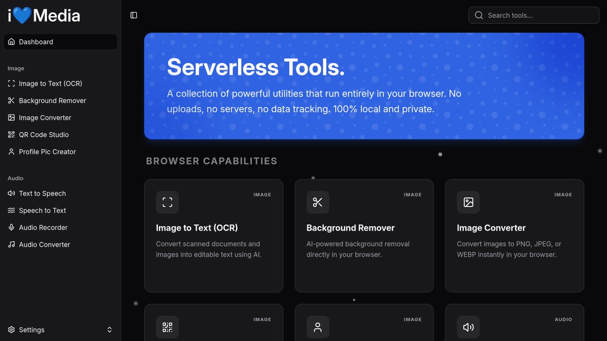 devhenryhale's tweet photo. before you upload that file to a server-based tool (for background removal, audio/video conversion, image-to-text OCR), try i💙Media - a collection of powerful media utilities that run entirely in your browser.
👉 https://t.co/l7pJaa1pgv https://t.co/j7Jhs61MdS