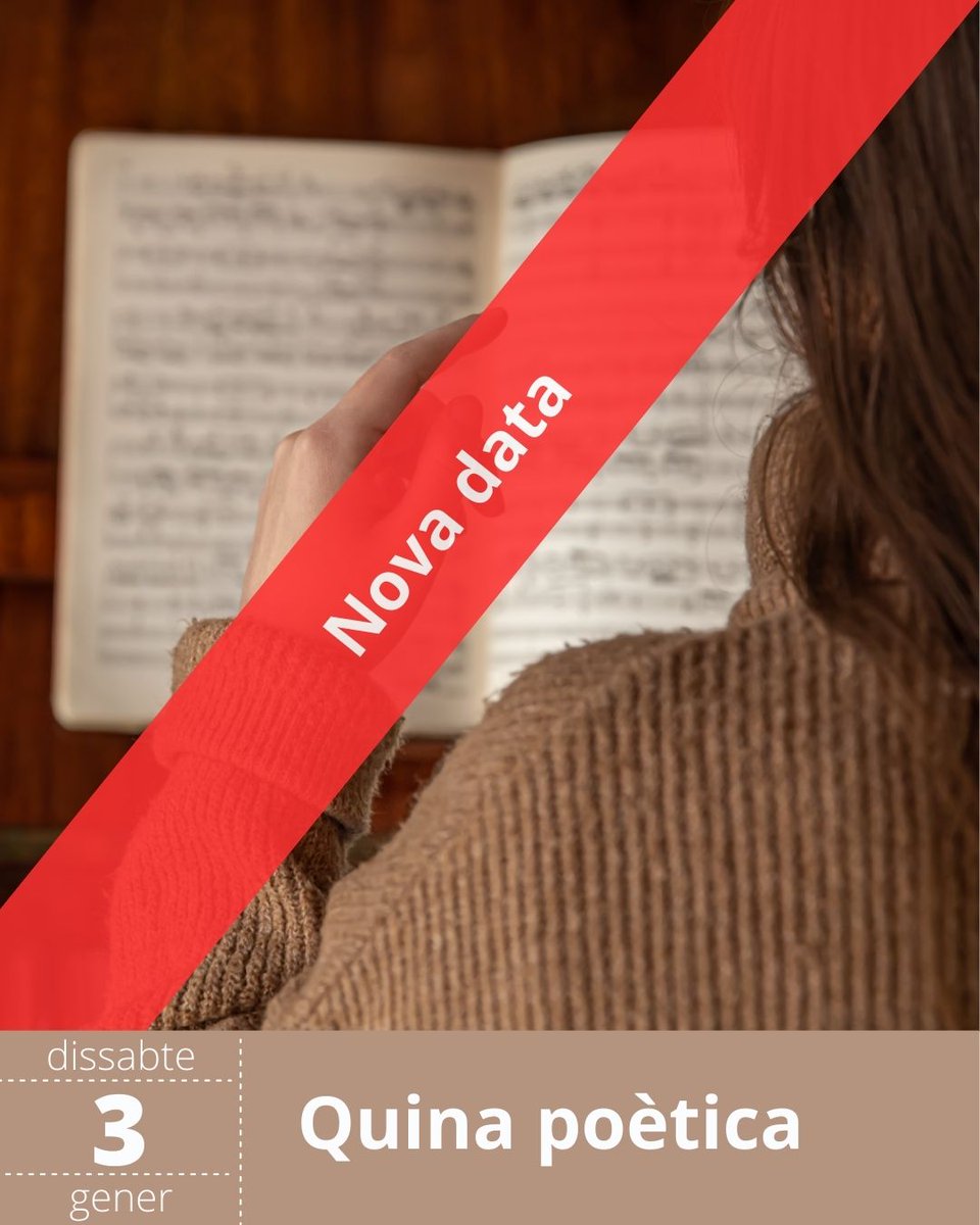📣 NOVA DATA Quina poètica
👉 Descobreix la màgia de les paraules i deixa’t portar per versos inesperats.

📆 Dissabte, 3 de gener
🕑 18:00h
💰 Gratuït
📌 Sala Galà - Auditori
📝 A càrrec de Vadepoesia, amb la col·laboració dels Marxants i els Joves Marxants de Paraules.

➕ INFO