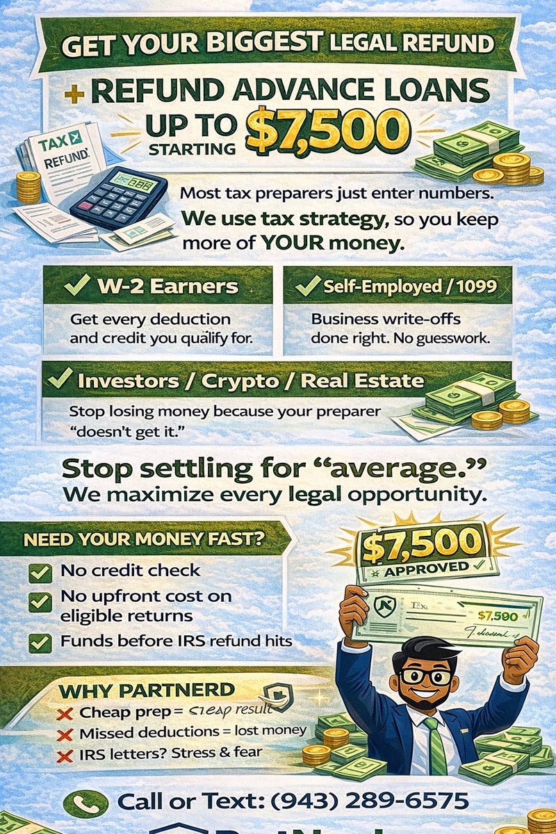 Crypto_DaddyXRP's tweet photo. 🚨🎉 TAX SEASON JUST PULLED UP LIKE A SUPERSTAR! 🎉🚨
Listen… if you’re still thinking “I’ll do my taxes later,” that’s how people end up crying in April. Not you. Not this year. 🙅🏽‍♂️💸

2026 is the year you move DIFFERENT.
📲 Snap a pic of your W2
📩 Upload it to the PartNerd Tax App
💼 Or book your appointment like a BOSS
➡️ Then sit back & let the refund fairy cook that magic 🍳💰

No gimmicks. No stress. Just RESULTS.
The early bird don’t get worms… they get REFUNDS. 🤑✨

🔥 If you want:
✔️ Bigger legal refunds
✔️ Business & 1099 mastery
✔️ Trusts & wealth moves
✔️ Someone who actually KNOWS what they’re doing

Then say it with me:
“I’M NOT LEAVING MONEY ON THE TABLE THIS YEAR!” 😤💵

Drop a 💸 if you’re READY.
Drop a 🚀 if you’re coming for everything they tried to say you couldn’t have.

👇🏾 START NOW 👇🏾
📲 Download the PartNerd Tax App
🗓 Book your appointment today
💰 Let’s get that REFUND!

#PartNerdTaxGroup #TaxSeason2026 #RefundSeason #WeDontPlayAboutMoney #NewYearNewRefund #TaxGameStrong #BookedAndBlessed 💼✨