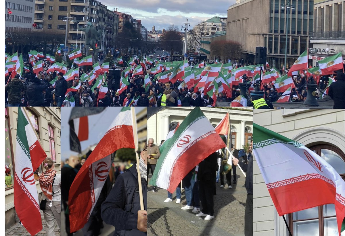 Under Kvinna, liv, frihet-demonstrationerna i Göteborg för ett par år sedan vajade Irans historiska nationella flagga – lejonet och solen (överst).  

Under Palestinademonstrationerna i Göteborg syns i stället enbart den islamiska regimens flagga (underst).