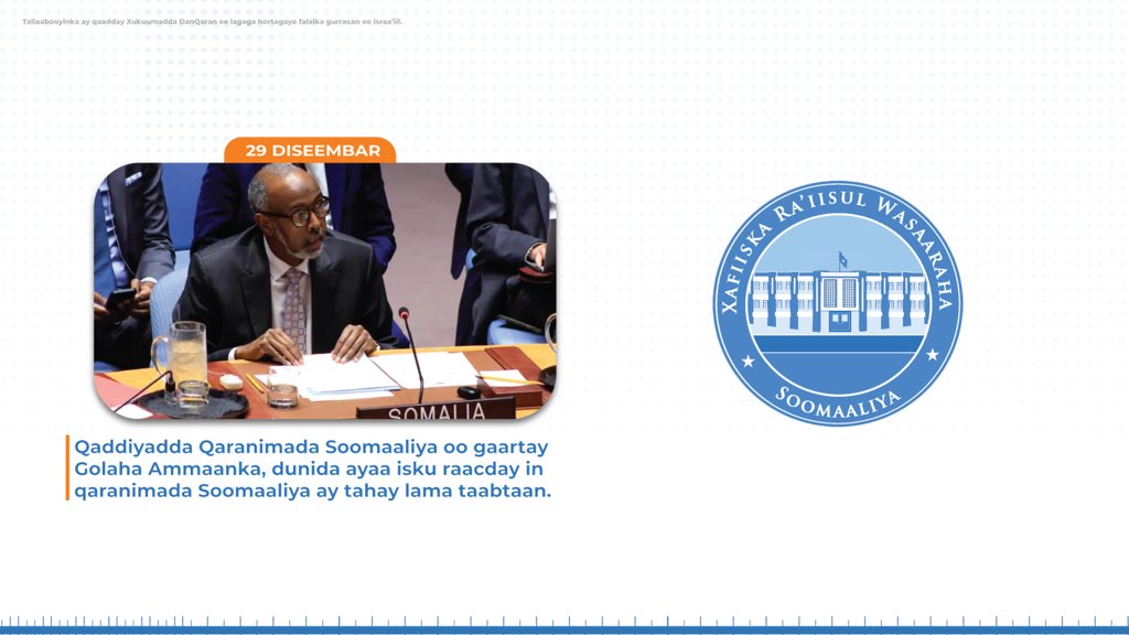 SomaliPM's tweet image. Xukuumadda DanQaran, oo ka duulaysa mas’uuliyadda dastuuriga ah ee saaran, waxa ay mudnaan gaar ah siisay adkaynta midnimada Jamhuuriyadda Federaalka Soomaaliya, iyada oo qaadday tallaabooyin siyaasadeed, sharci iyo diblomaasiyadeed oo lagu ilaalinayo wadajirka dhuleed iyo…