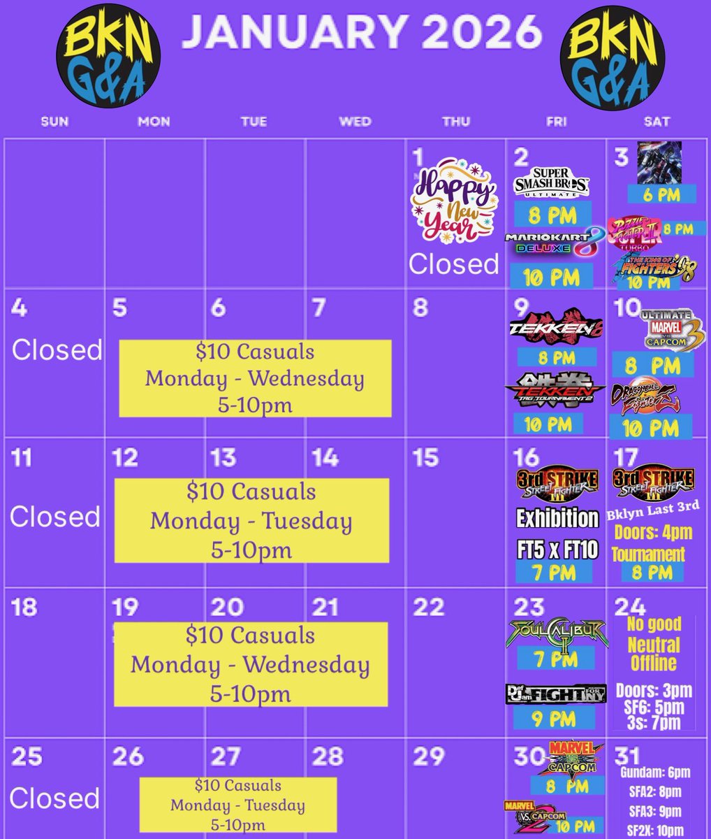 This month Calander. Sign ups coming up. Sign up onsite available too. Stay tuned we will also be making a announcement soon!!!!! #BVGA #ArcadeBrooklyn