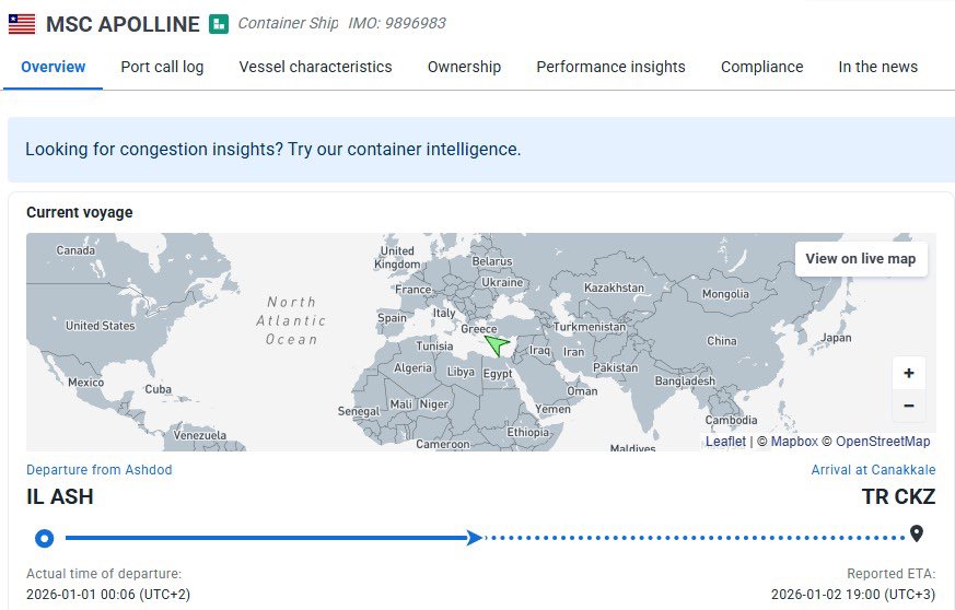 📍Bu sabah Galata Köprüsü’nde yapılan mitingden saatler önce,
🇮🇱İsrail’in Aşdod Limanı’ndan yola çıkan,
🚢MSC APOLLINE Konteyner Gemisi,
🇹🇷Çanakkale’ye doğru yol alıyor.
🚢Son anda bir değişiklik olmazsa gemi yarın saat 19.00’da Çanakkale Limanı’nda olacak!