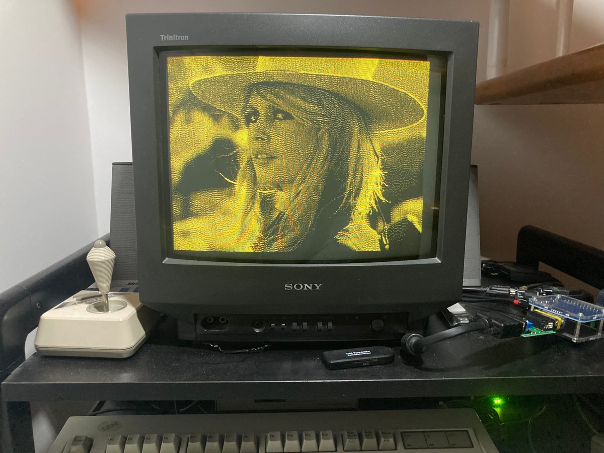 StairwayToRetro's tweet photo. Brigitte Bardot in glorious 640×200 monochrome CGA. Timeless beauty meets 1980s pixels. 🔥💾

Converted for CSHOW and running on real IBM XT clone hardware with @spark2k06's MonochromeVGA dongle for that authentic phosphor glow.

#BrigitteBardot #RetroComputing #RetroHardware https://t.co/dSqTRTXFNl