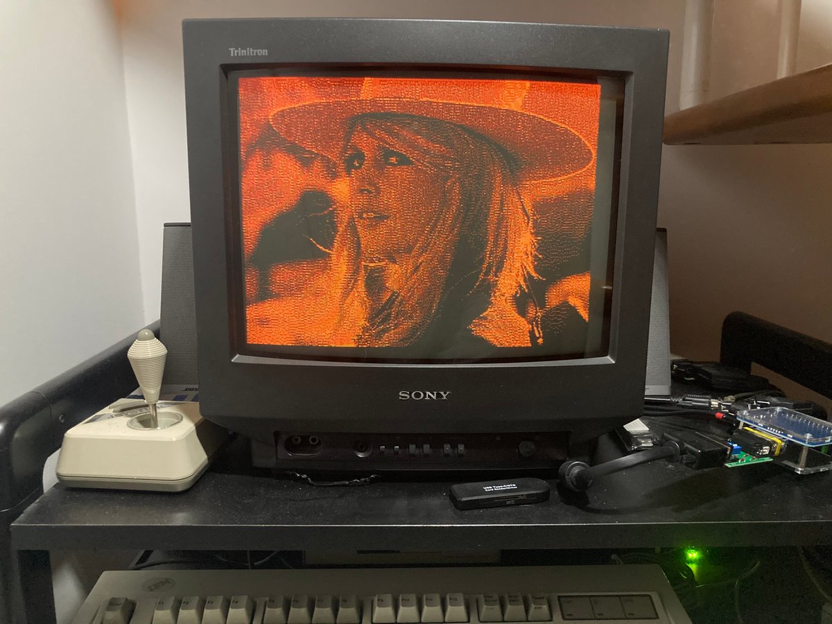 StairwayToRetro's tweet photo. Brigitte Bardot in glorious 640×200 monochrome CGA. Timeless beauty meets 1980s pixels. 🔥💾

Converted for CSHOW and running on real IBM XT clone hardware with @spark2k06's MonochromeVGA dongle for that authentic phosphor glow.

#BrigitteBardot #RetroComputing #RetroHardware https://t.co/dSqTRTXFNl