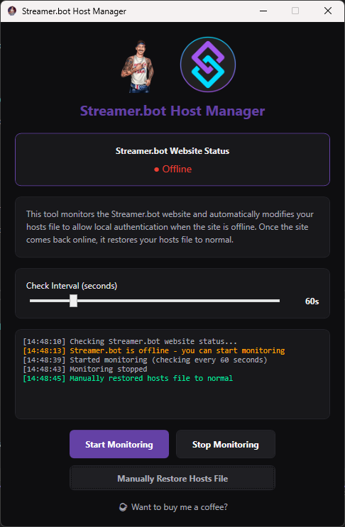 MustachedMan1ac's tweet image. For anybody worried about offline authentication with @streamerdotbot this will monitor the website status, and adjust your host file to work offline.  When it's back up, it'll revert the change (or you can do so manually) with the click of a button!

ko-fi.com/s/42766dc249