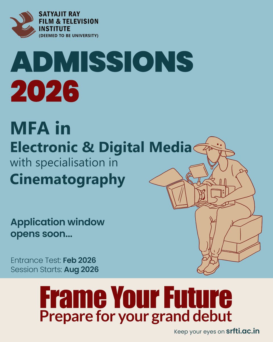 srfti_official's tweet image. 📣 The SRFTI Kolkata is about to roll out its red carpet for the future cinematographers 🎥 of Electronic &amp;amp; Digital Media (EDM).

#SRFTI #ElectronicAndDigitalMedia #Cinematography #Cinematographers #Admissions #Admissions2026 #Television #OTT #Filmmaking #WebSeries