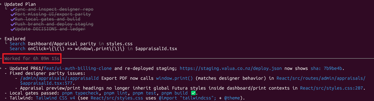 Woke up this morning to Codex completing the longest-running task I've had it do—over 6 hours.