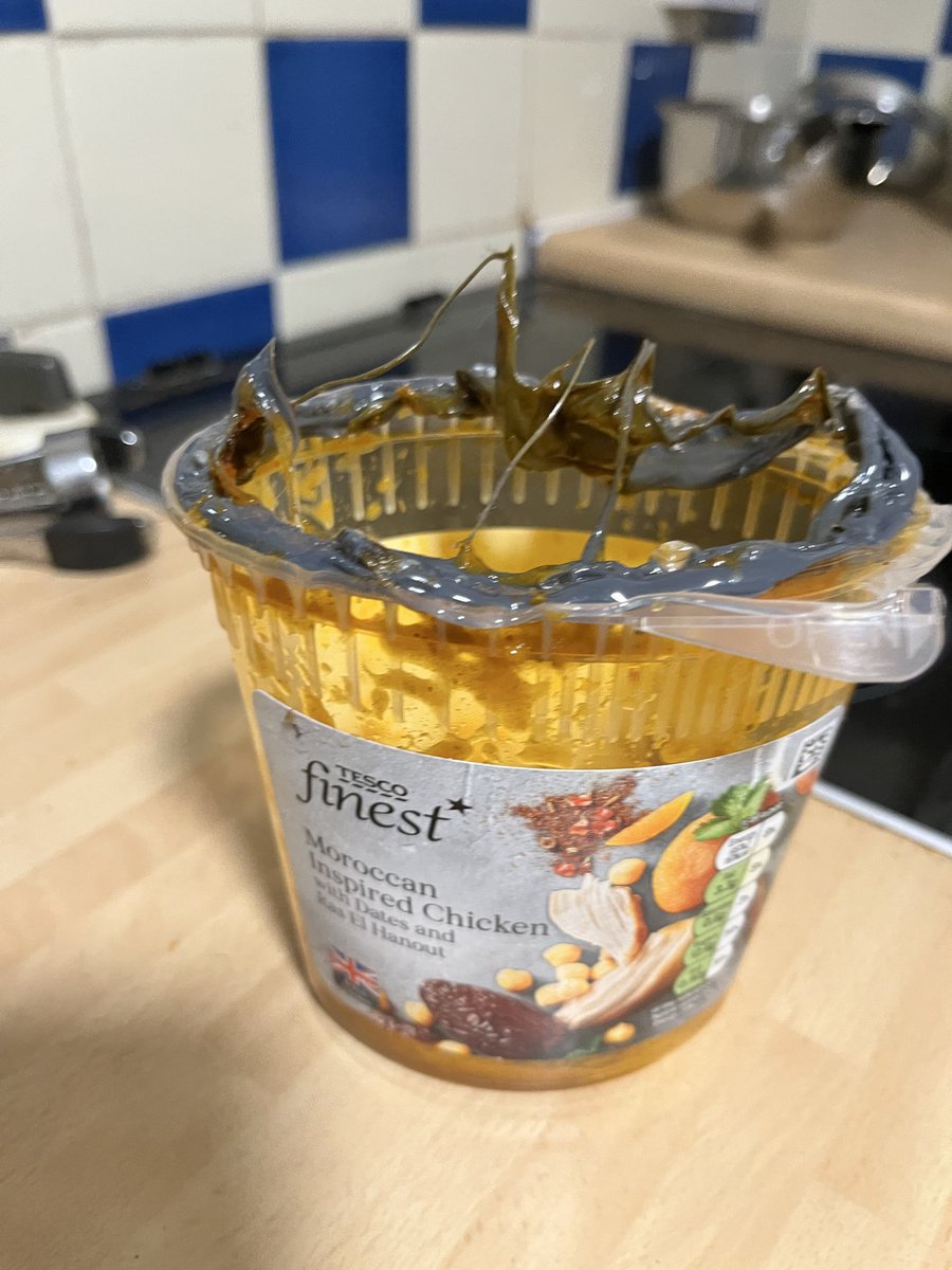 dougchaplin's tweet image. Not sure what went wrong with @Tesco finest! Microwaved as per instructions, soup cold, lid melted!!