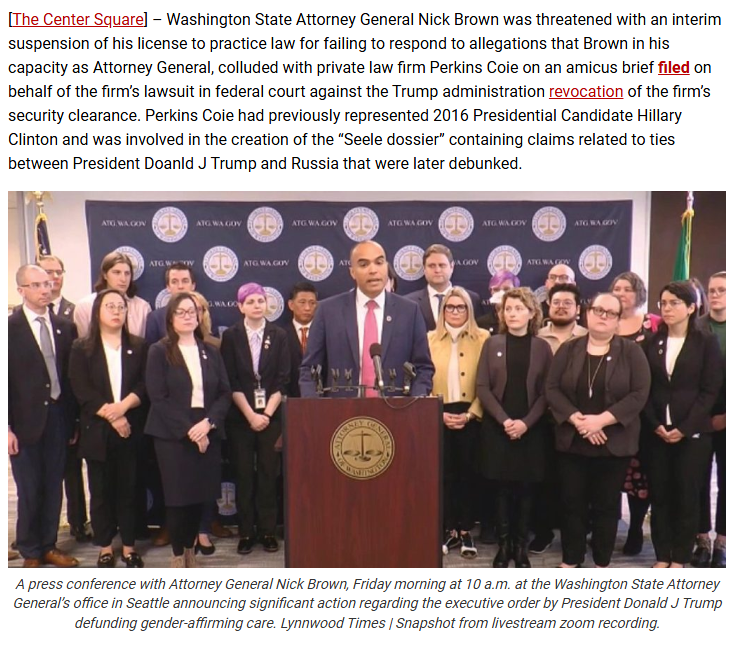 lamps_apple's tweet image. The Washington State Bar Association investigated Brown for failing to disclose his office's financial relationship with Perkins Coie when filing an amicus brief supporting the firm in its lawsuit against the Trump administration. The investigation revealed that Brown's office…