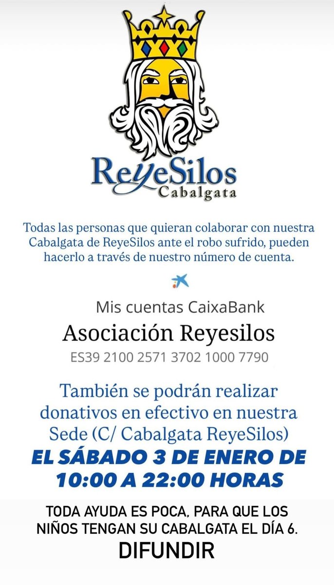 ATENCIÓN ‼️⚠️
Os pido ayuda a todos los que me seguís. 
En la madrugada de año nuevo han entrado a robar en la sede de la cabalgata <a href="/REYESILOS/">Cabalgata ReyeSilos</a> de mi pueblo. Han sufrido un importante robo y destrozos materiales, necesitan nuestra ayuda para llevar la ilusión a los niños⬇️⬇️