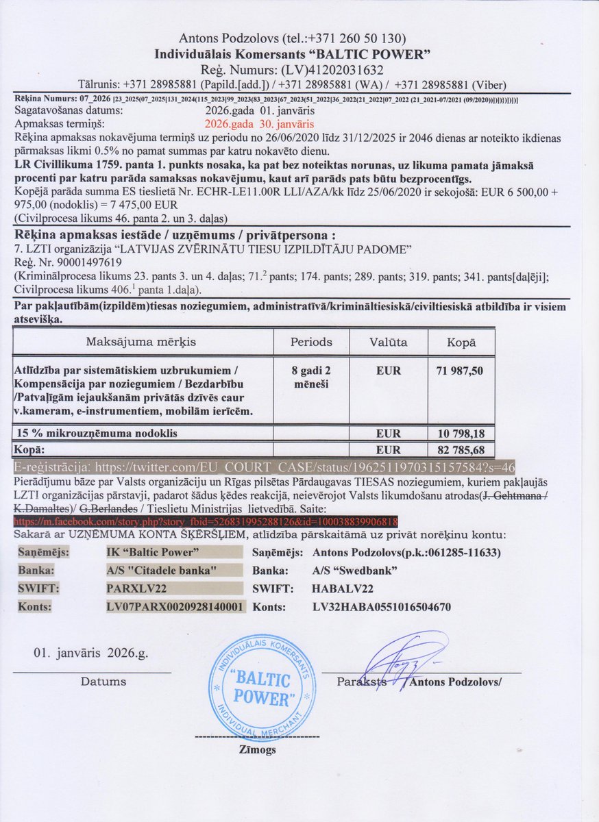 EU_COURT_CASE's tweet photo. Electronic send of updated invoices+legal formalities 01/01/2026 via e-mail.
🇱🇻)Fin.parāds
🇪🇺)Fin.owing
🇷🇺)Фин.долг
Līdz/Till/До 31/12/2025
EUR71987,50+10798,18(TAX)
TOTAL:EUR 82785,68
Receptions confirmed✅ :
https://t.co/WXYbn5DyLZ
Deadline 30/01/2026❗:
https://t.co/E1l7i5PR6T https://t.co/4ChNC4jakH
