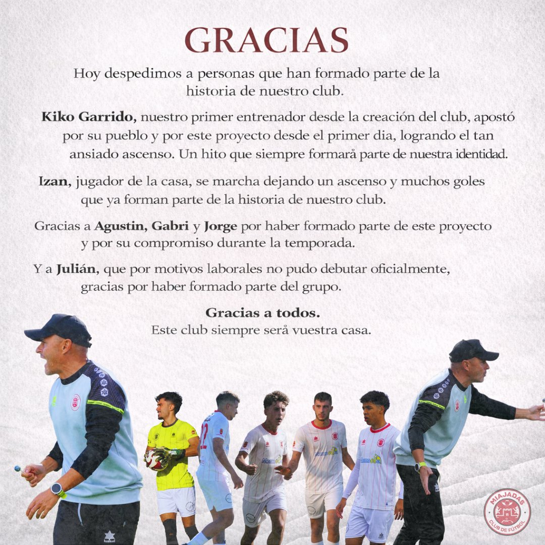 GRACIAS 🤍❤️

Hoy despedimos a personas que han dejado huella en el club.
Por el compromiso, el trabajo y cada momento compartido durante la temporada.

Este escudo y este club siempre serán vuestra casa.