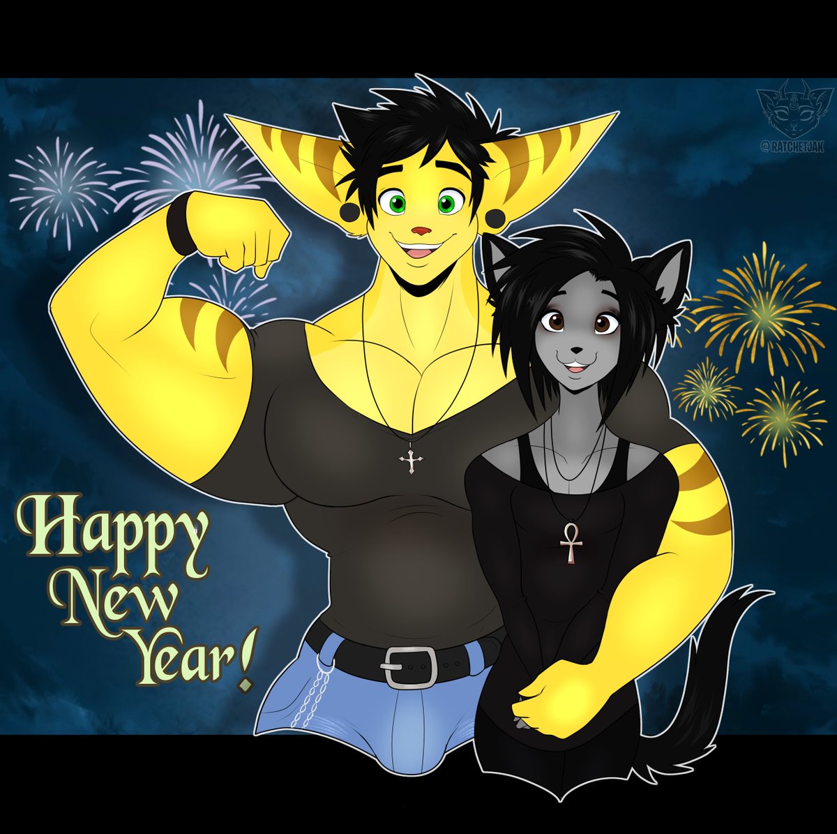 Happy New Year everyone! I hope that 2026 will be a great year for you all! Just here featuring Spike and Kai together and bringing in the new year! 🎉💜 
#Anthro #AnthroArt #Gay #Bara #Muscle #MuscleArt #Femboy #Furry #DigitalArt #Goth #NewYear #NewYear2026