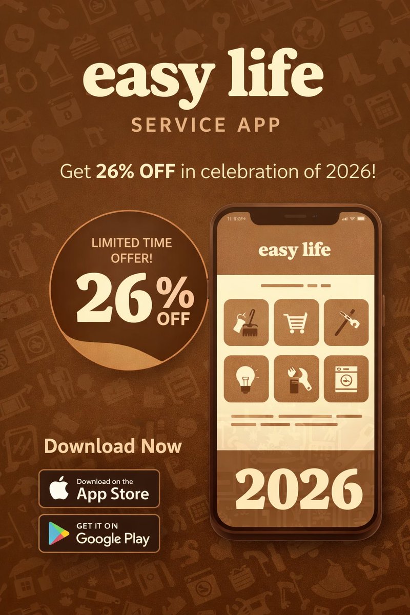 LifeEasy55219's tweet photo. Celebrate 2026 with Easy Life🎉
Enjoy 26% OFF on trusted home and lifestyle services.
#easylife
#reliableservices
#downloadnow https://t.co/ui0TKfmL8b