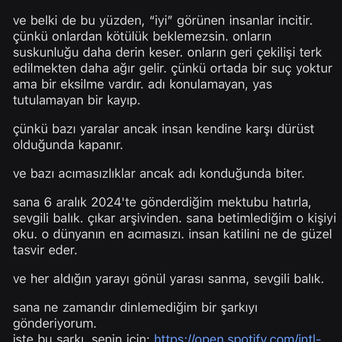 Elif1750's tweet photo. Çünkü bazı yaralar ancak insan kendine karşı dürüst olduğunda kapanır. 
01.01.2026 23:03’de @leumacen  dan gelen bir mail .. https://t.co/AULgWnpLqw