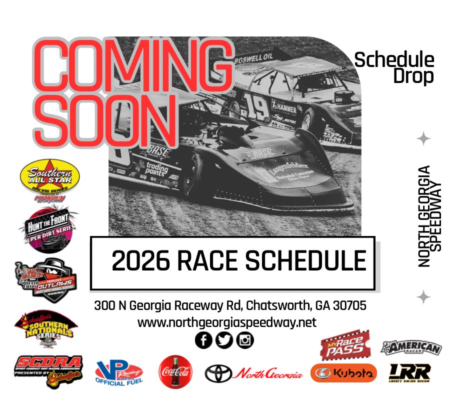 NGSpeedway's tweet image. The wait is almost over 👀🏁
The 2026 North Georgia Speedway race schedule is coming soon. Big events. Big names. Big nights.

Stay tuned for the official schedule drop.

#DirtRacing #NorthGeorgiaSpeedway