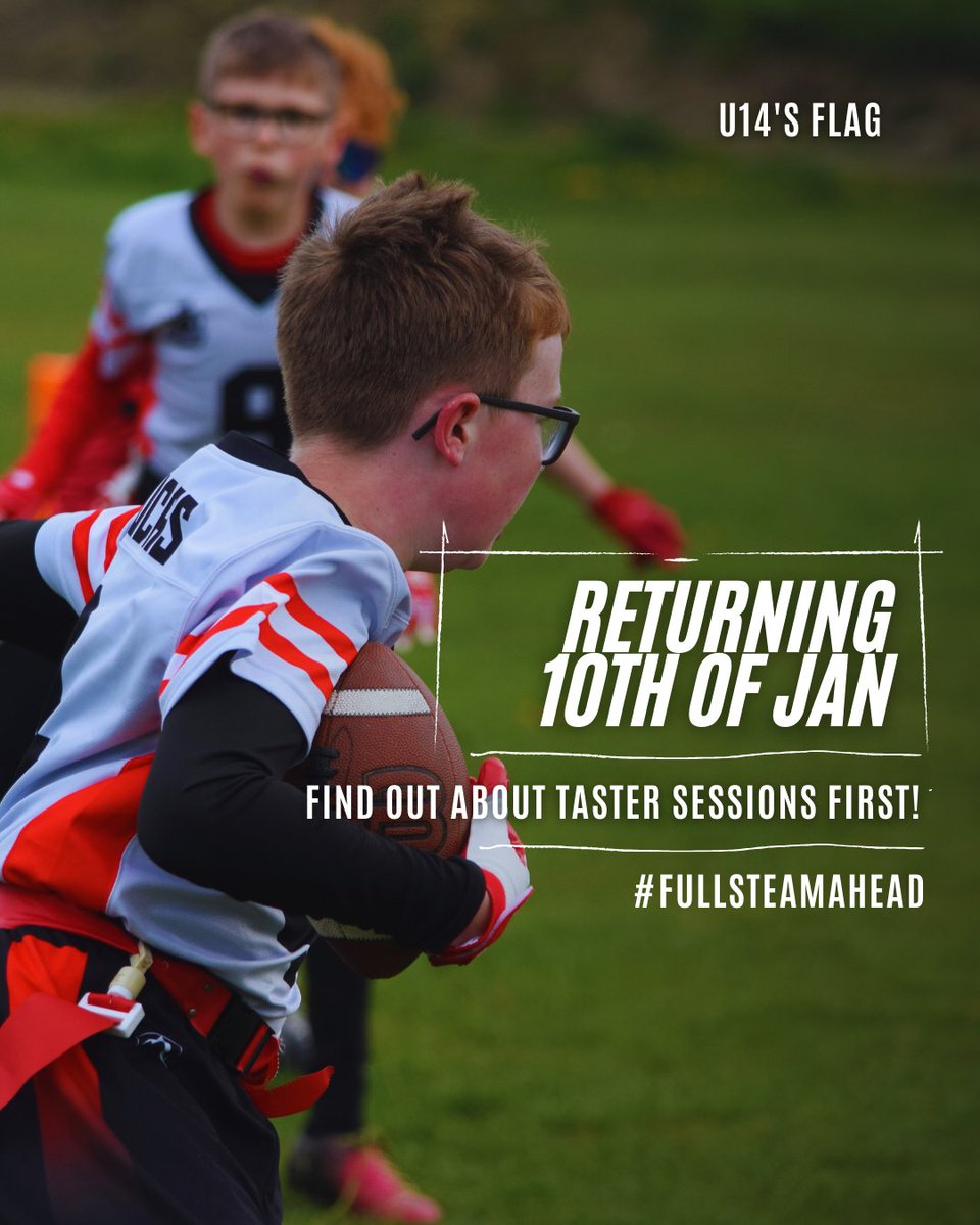 🏈 U14 FLAG FOOTBALL IS BACK! 🏈
No contact, high energy! Join the Darlington Steam Academy for our return session on Sat 10th Jan
🆓 NEW PLAYERS: First 3 sessions are FREE!
Come and join the #SteamFamily!
#Darlington #FlagFootball #YouthSport #NorthEast @DarlingtonBC @DarloSport
