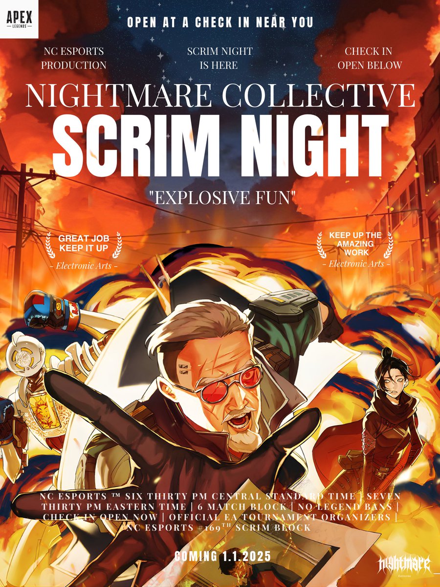 we're hitting off new year with a scrim block 
6:30pm central | 7:30pm eastern

no legend bans | ALGS enabling | 6 match🌟
 
any team of three is welcomed to participate tonight discord is below! #ApexLegends 
discord.gg/J6qKHhW3Tu