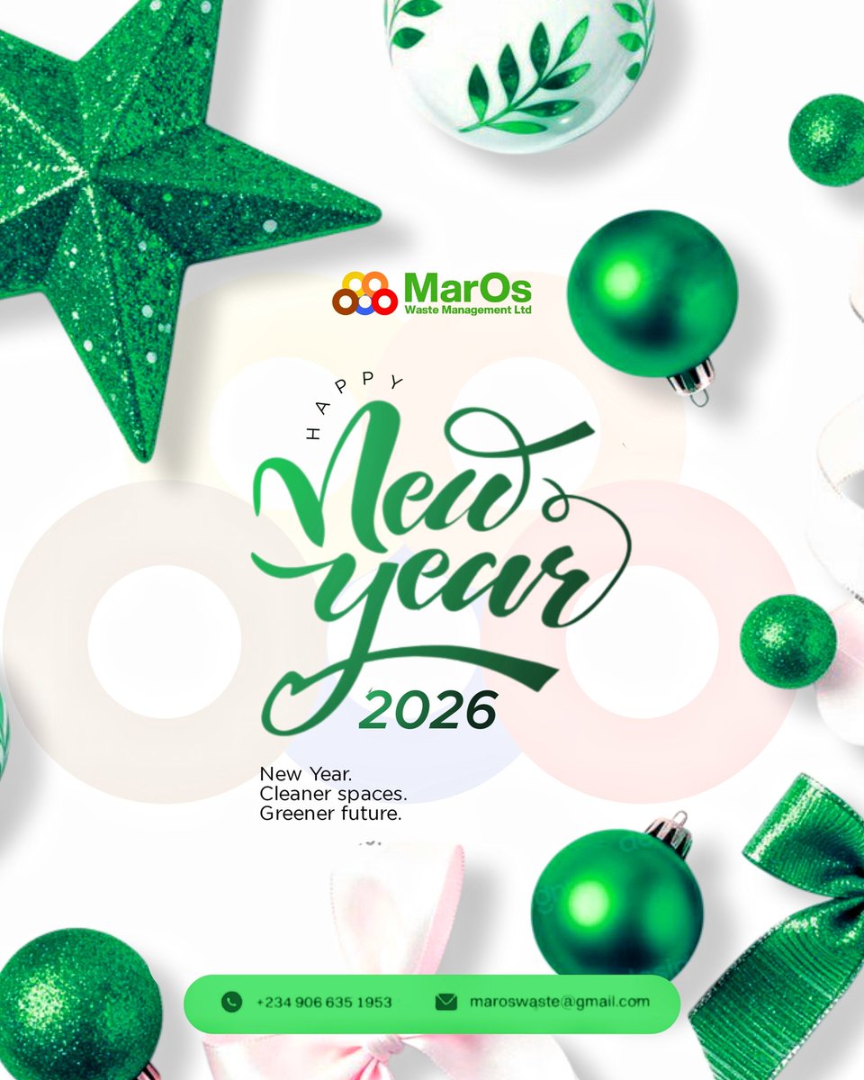 maroswaste's tweet photo. Happy New Year 2026 🎉♻️

New year.
Cleaner spaces.
Greener future. 🌱

At MarOs Waste Management Ltd, we’re committed to smarter waste solutions and a healthier environment for all.

#HappyNewYear2026 #MarOsWaste #Sustainability #CleanEnvironment
#maros https://t.co/ZROF61uda4