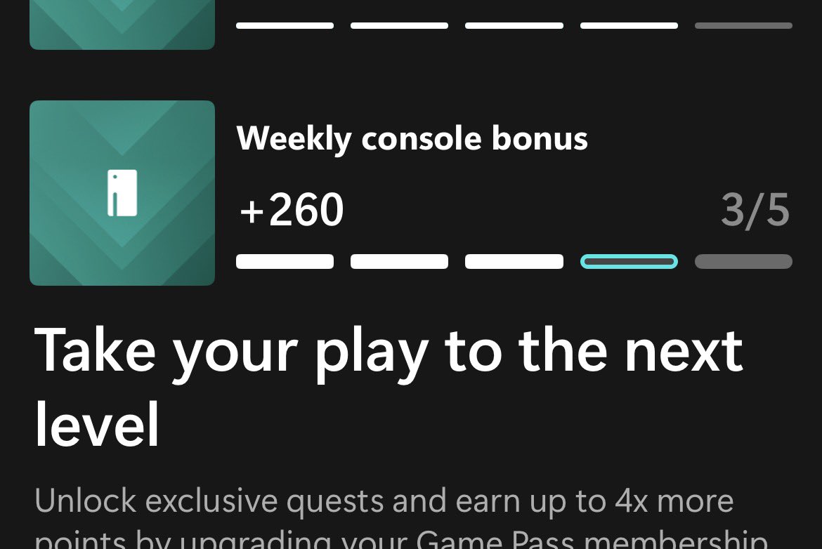 Looks like #Weekly console bonus tracking is not working today:  (luckily today is only Thursday) 

<a href="/Xbox/">Xbox</a> <a href="/XboxGamePass/">Xbox Game Pass</a>