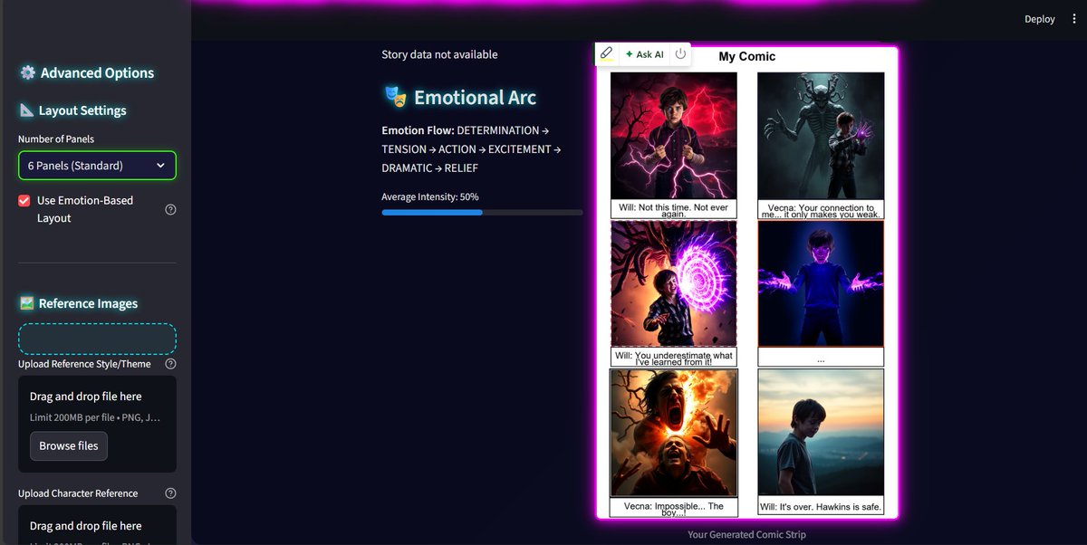 Balajee2k's tweet photo. The Stranger Things finale got me thinking ⚡:
 What if fans could generate their own comic endings? 👀

So I built this 👇  
https://t.co/jH6RocDsOO

ComicCrafter — an AI system that turns text into publication-quality comic strips 🎨

#StrangerThings5 #BuildInPublic #hiring https://t.co/gNDJLbzoNJ