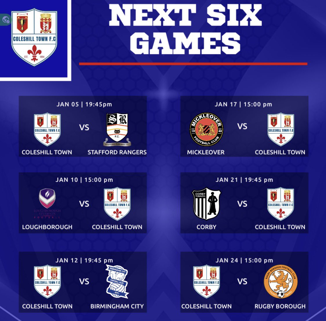 Next 6 games start with a Monday night. Come and join us v Stafford Rangers.
