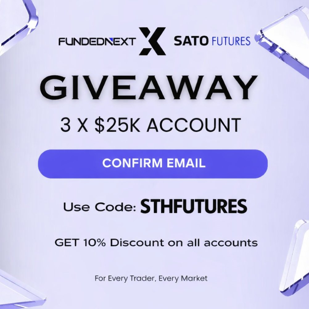 FUNDEDNEXT GIVEAWAY 🎉 

1 × $25K Fundednext accounts 🚀

To enter: Follow <a href="/SatoLiveTrading/">Sato Trades 🇨🇭</a> &amp; <a href="/FundedNext/">FundedNext</a> 

Like &amp; Repost this post✅

Winners announced in 24 hours! Good luck &amp; trade smart 🥇 

Don't forget to tag your friends!