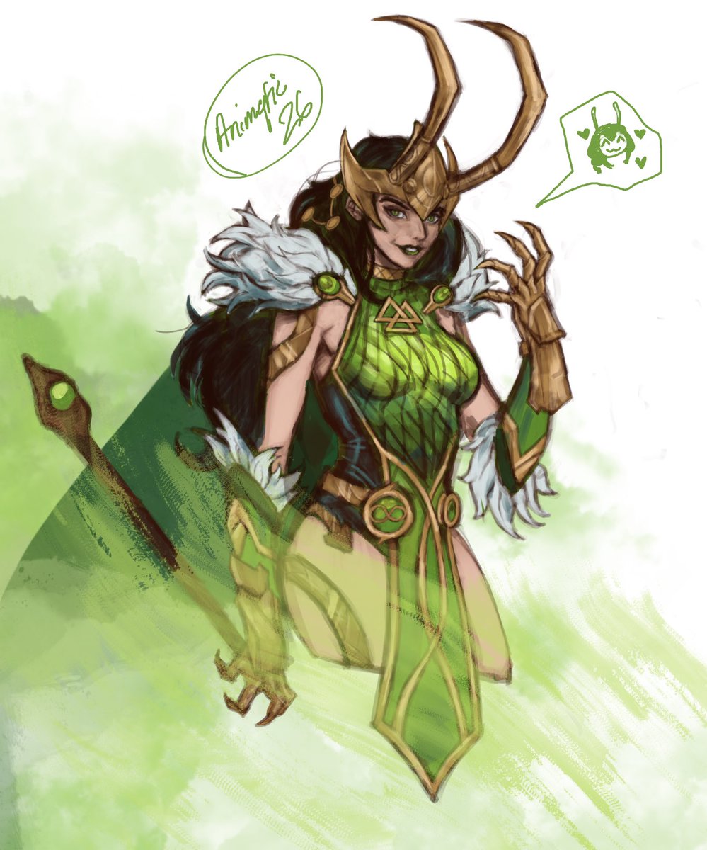 I drew lady Loki and her tiny mantis also happy new year