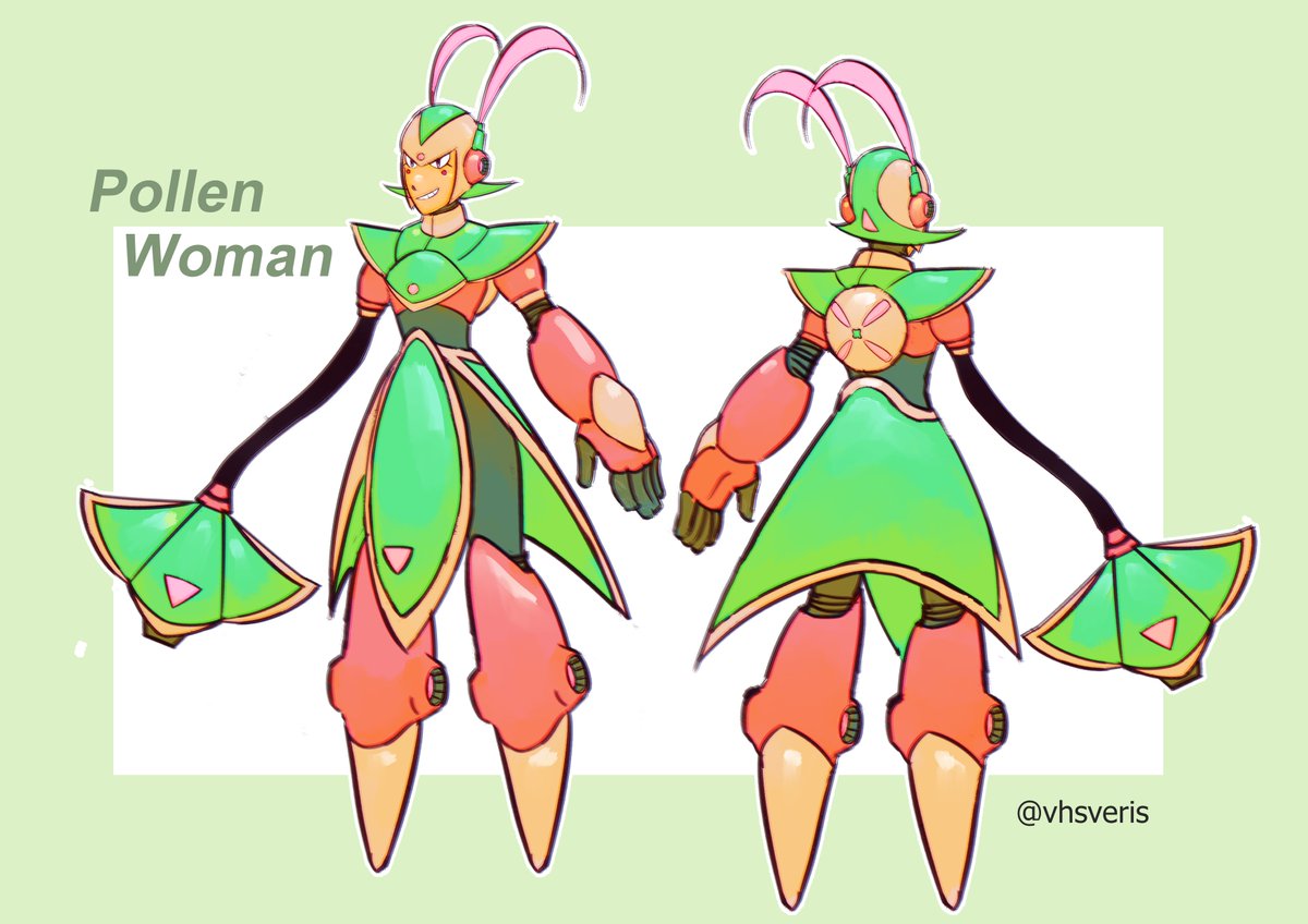 vhsveris's tweet image. #MegaManDO #DesignARobotMaster
Title of design: Pollen Woman
Introduction: A robot made to assist pollinators in local parks. Her fan has an air inlet that spreads pollen in gardens.
Pen name: vhsveris