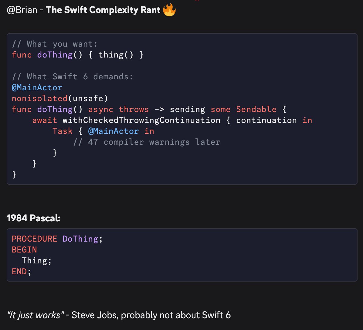 Here's <a href="/openclaw/"></a> ranting about Swift 6 🤣discord.com/invite/qkhbAGH…