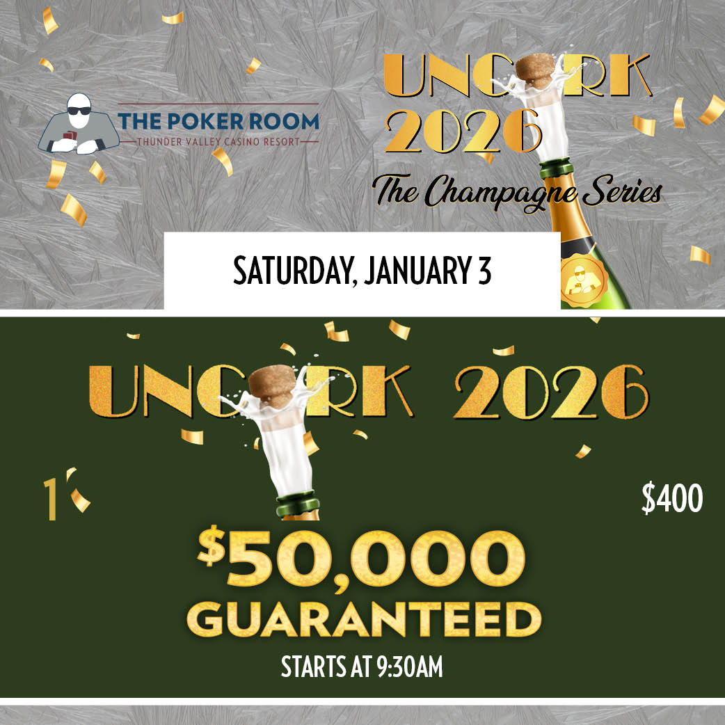 TVPokerRoom's tweet photo. 9:30a Saturday - 
$50,000 Guarantee $400 Uncork 2026 NLH
 Event 1 The Champagne Series

25k stacks and 30-minute levels
2 re-entries per player until 1p
1-in-8 earn our first tournament series cashes of the New Year https://t.co/trD7ZjHwVi