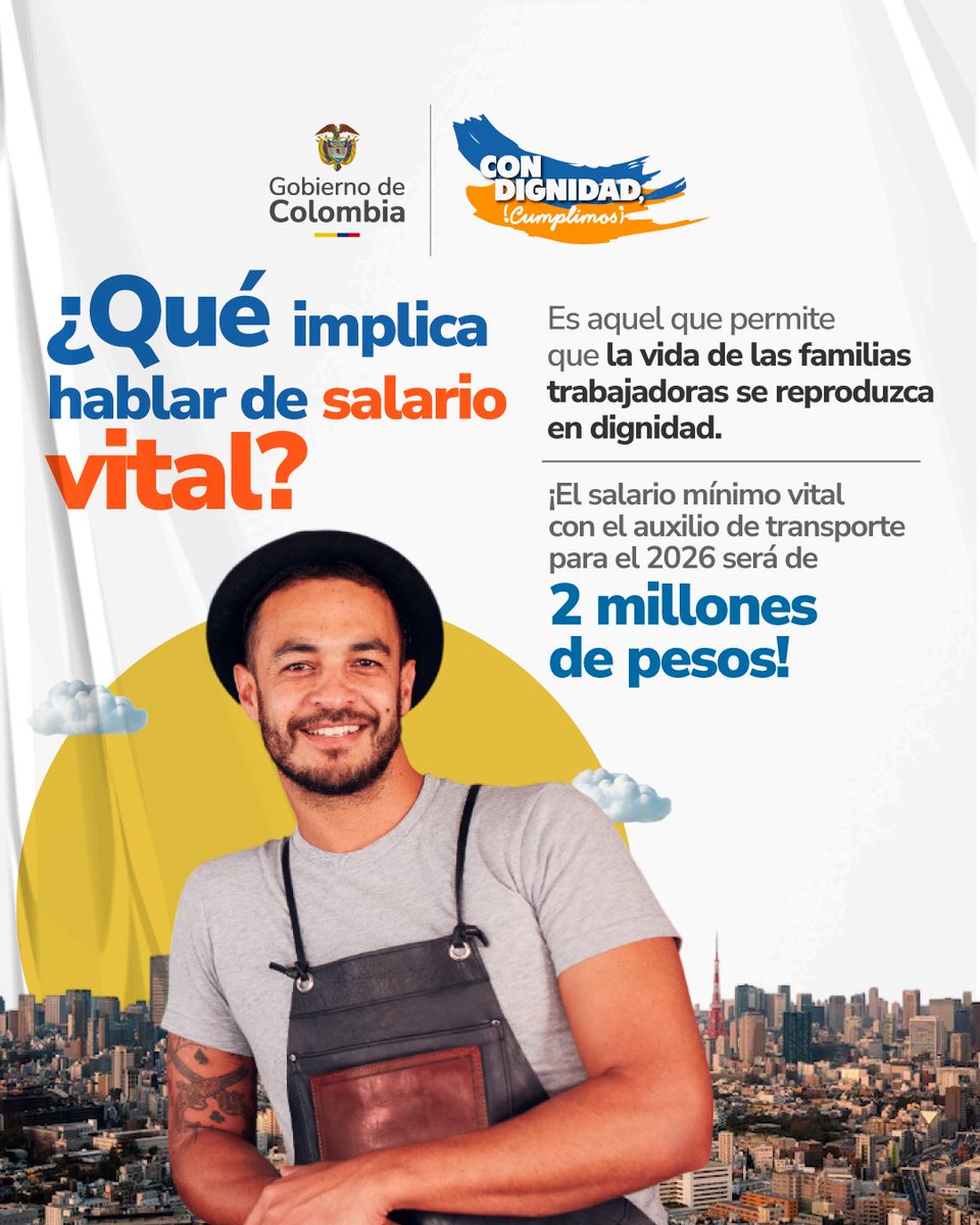 infopresidencia's tweet image. El Salario Vital es una garantía para que las familias colombianas cuenten con lo mínimo necesario para vivir con dignidad, sostener sus hogares y reproducir la vida laboral en condiciones justas.

Por eso, para 2026, el #SalarioVitalDigno en Colombia, incluido el auxilio de…