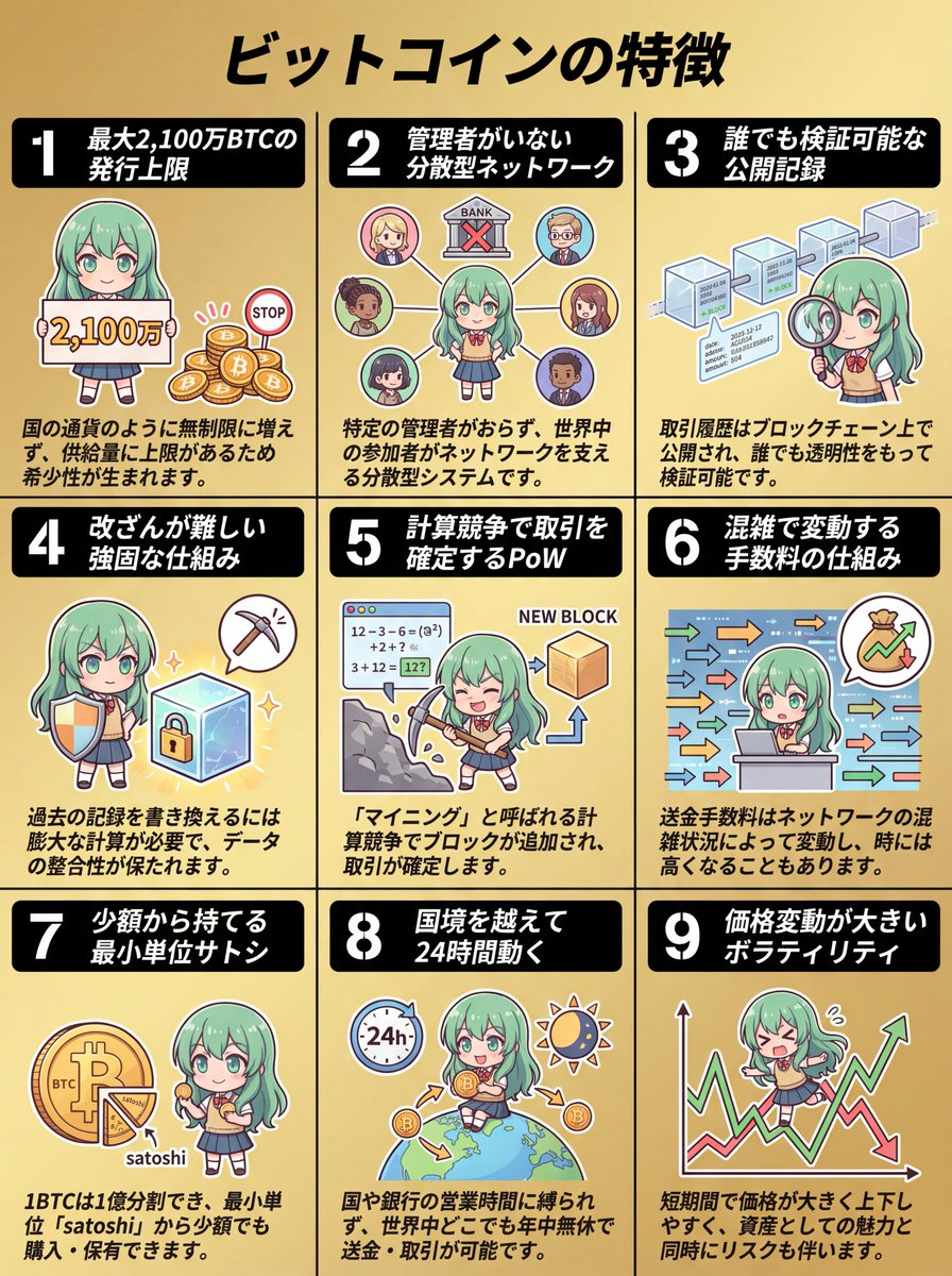 ＜チビクロTV「9つの図解」シリーズ＞
2026年の新企画として森羅万象天上天下あらゆるものを楽しい図解で解説する「9つの図解」がスタートしました！

１発目は「#ビットコイン の特徴」
初心者の方にも分かりやすく以下の9項目をイラストで解説します。