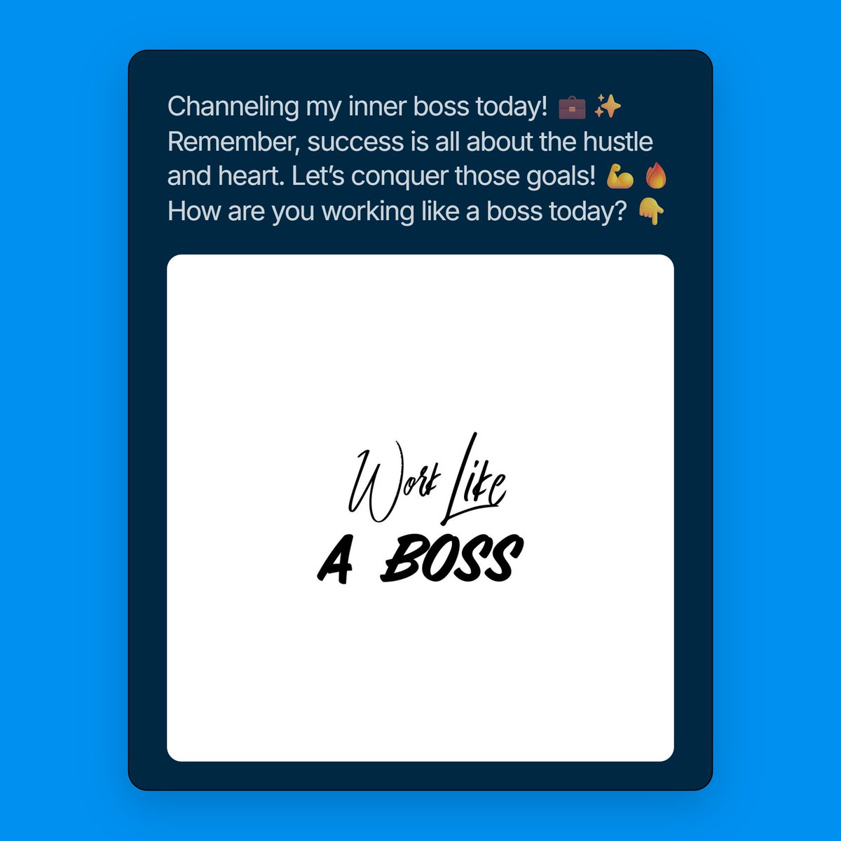 technoholic_me's tweet image. Channeling my inner boss today! 💼✨ Remember, success is all about the hustle and heart. Let’s conquer those goals! 💪🔥 How are you working like a boss today? 👇

#WorkLikeABoss #HustleHard #GoalDigger #MotivationMonday #SuccessMindset"